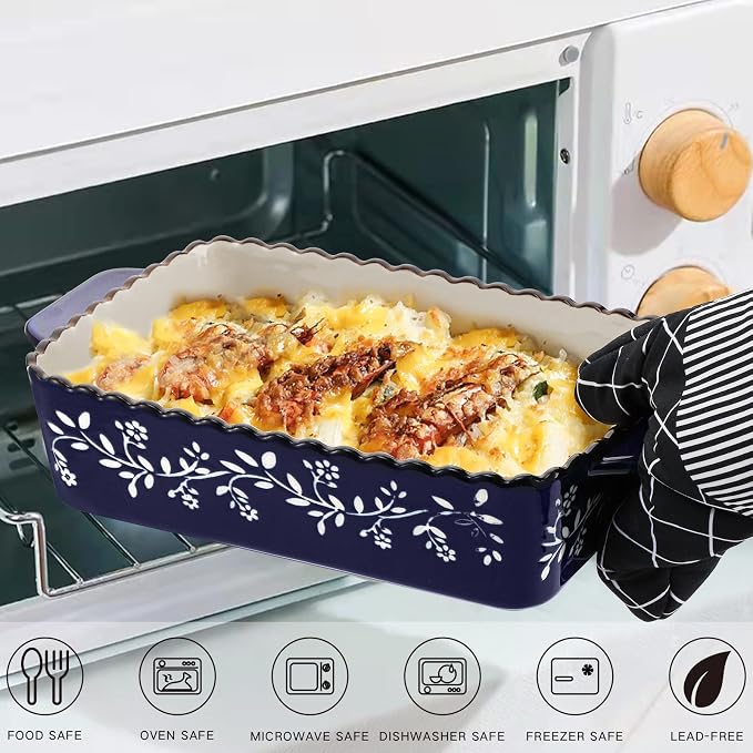 AVLA 3 Pack Ceramic Bakeware Set Porcelain Rectangular Baking Dish Lasagna Pans for Cooking Kitchen Casserole Dishes Cake Dinner 12 x 8.5 x 6 Inches of Baking Pans Banquet and Daily Use Cobalt Blue