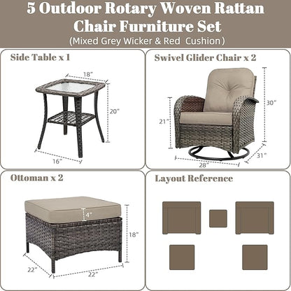 5 Piece Outdoor Patio Furniture Set,Wicker Patio Conversation Set with Swivel Glider Chairs,Wicker Rocking Swivel Chairs Set with Ottomans/Side Coffee Table for Backyard,Deck,Balcony,Khaki