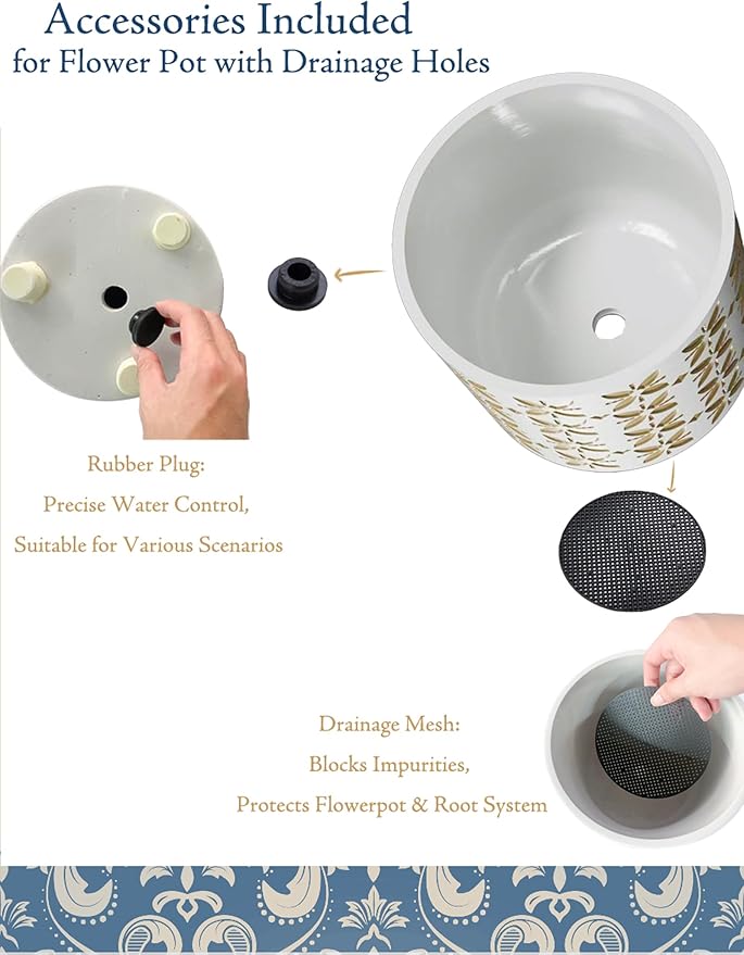 8 Inch Plants Pot, Planter for Indoor Plant, Indoor & Outdoor Flowerpot with Drainage Hole - for Decoration of Home Garden & Terrace, White & Gold