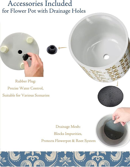 8 Inch Plants Pot, Planter for Indoor Plant, Indoor & Outdoor Flowerpot with Drainage Hole - for Decoration of Home Garden & Terrace, White & Gold