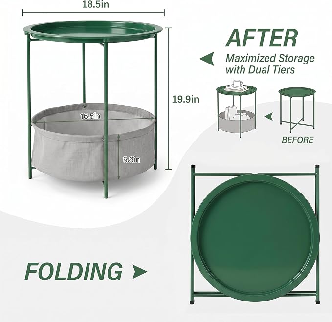 VECELO Round Side/End Table with Fabric Storage Basket，Metal Anti-Rust and Waterproof Small Bedside Nightstand with Removable Tray Top for Living Room，Balcony & Laundry，Dark Green /2pcs with Basket