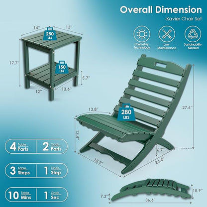 GREENVINES 3 Pieces Patio Furniture Set | Outdoor Bistro Sets for 2 | HDPE Plastic | Folding-Adirondack-Chairs-with-Side-Table | All Weather | Xavier Chair | for Porch Deck Poolside Backyard | Forest