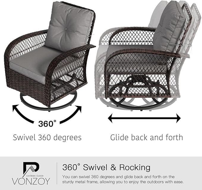 3 Pieces Patio Furniture Set, Outdoor Swivel Glider Rocker, Wicker Patio Bistro Set with Rocking Chair, Thickened Cushions and Table for Porch (Grey)