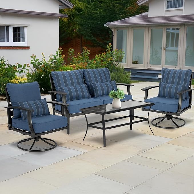 Aoodor Outdoor Chair Cushion, 23 x 26 Inch Water-Resistant, Fade-Resistant Olefin Fabric Patio Seat Cushions with Removable Cover and Adjustable Straps for Outdoor Furniture, Set of 2, Blue Stripes
