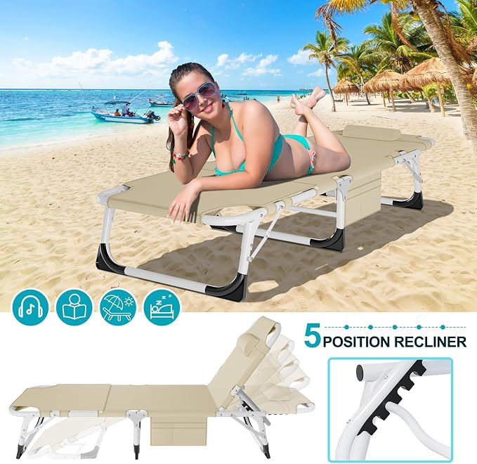 ABORON 3-in-1 Tanning Chair, 5-Position with Face and Arm Holes | 5-position reclining chair includes a removable mat, pillow, face hole and arm slots; folds flat for beach or patio use.
