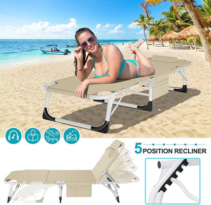 ABORON 3-in-1 Tanning Chair, 5-Position with Face and Arm Holes | 5-position reclining chair includes a removable mat, pillow, face hole and arm slots; folds flat for beach or patio use.