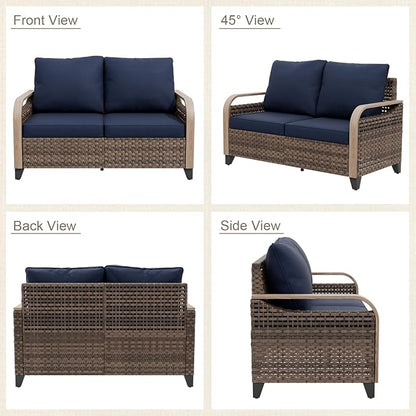 Modern Wicker Patio Furniture Set, Rattan Outdoor Conversation Set with Comfortable Cushions, 2 Seat Loveseat and 2 Ottomans, 3 Pieces, Brown/Blue