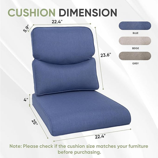 Outdoor Chair Cushion Set of 3, Waterproof Outdoor Seat Cushions 25x22, Patio Chair Cushions for Outdoor Furniture, Couch Cushion Replacement, Include 3 Back & 3 Seat Cushions, Smile/Blue