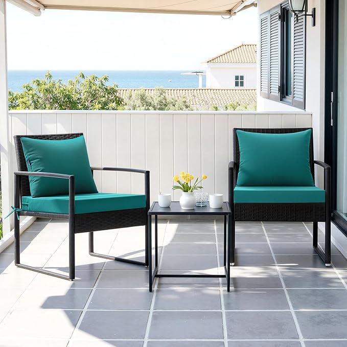 MIULEE Turquoise Outdoor Chair Cushion 24x24 Inch for Patio Furniture Linen Textured Waterproof & 3 Year Color Fastness Seat and Back Couch Cushion with Ties No Slip Design