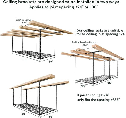 SunsGrove 3x8 Garage Storage Overhead Rack Organization, Adjustable Ceiling Mounted Storage Racks, 800LBS Weight Capacity, 22"-40" Ceiling Dropdown, Black