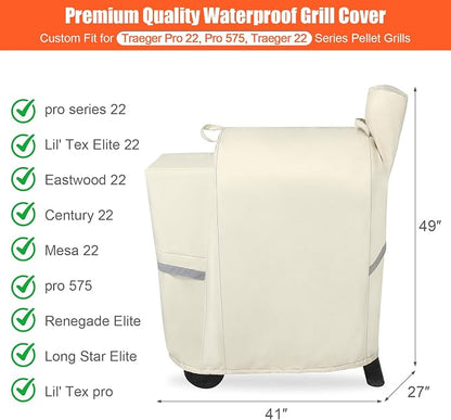 Grill Cover for Traeger Pro 22 & 575 Series - 600D Heavy Duty Waterproof Fade Resistant Traeger Pro 22 Cover with Elastic Drawstrings, Premium BBQ Cover for Z Grills 550B and More, Beige