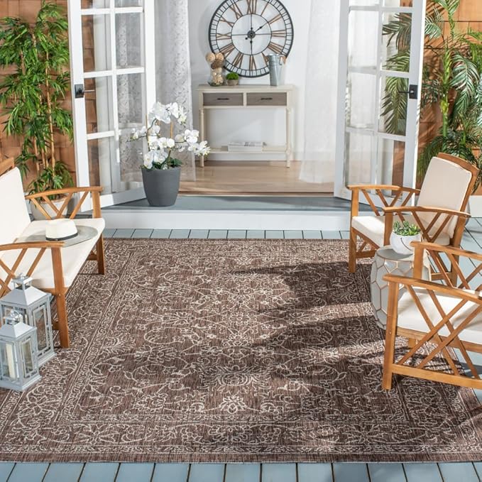 SAFAVIEH Washable Rug Outdoor Courtyard Collection - 9' x 12', Brown & Ivory, Non-Shedding & Easy Cleaning, Ideal for Patio, Backyard, Mudroom (CY8680-36321)