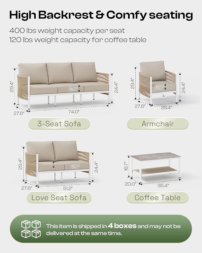 Aluminum Outdoor Sofa Armchair, HDPE Rope Patio Couch with Washable Thick Cushion, All-Weather Outdoor Patio Chairs Set of 2 for Balcony, Yard, White Frame, Ivory