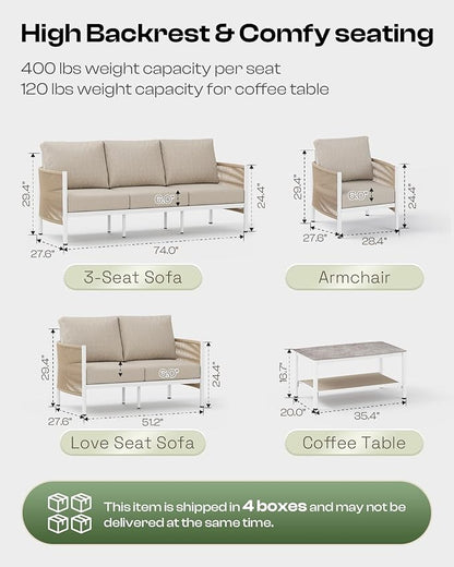 Aluminum Outdoor Patio Couch Loveseat, HDPE Rope Patio Sofa with Washable Thick Cushion, All-Weather Patio Furniture for Balcony, Yard, White Frame, Ivory