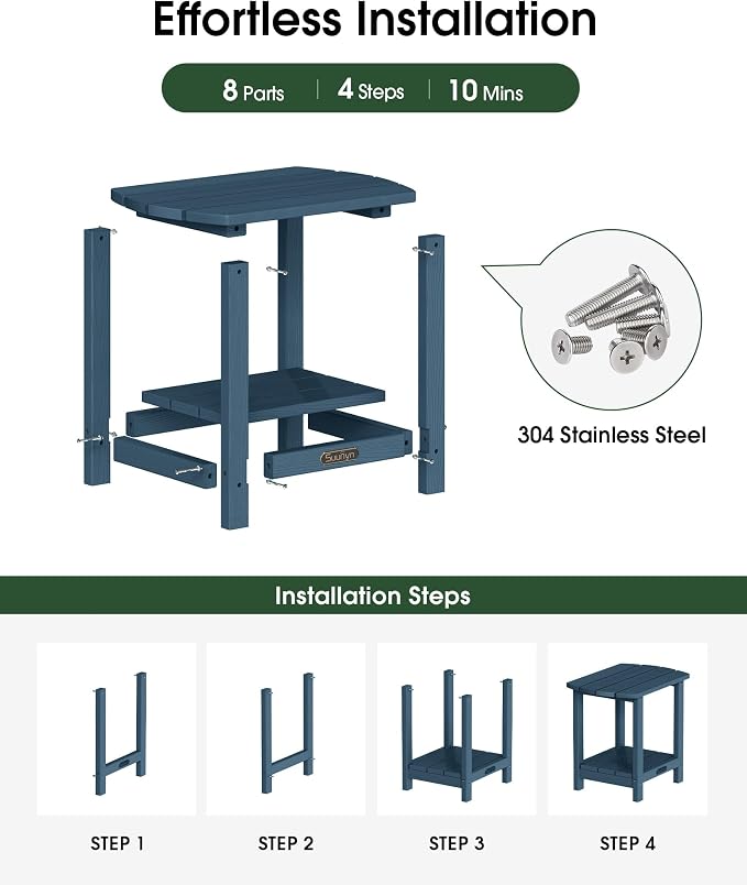 Outdoor Side Table, 2-Tier HDPE Small Outdoor Table, Adirondack Side Tables, Outside End Tables for Patio, Porch, Deck, Pool, Weather Resistant (Navy Blue)