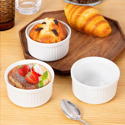 Yachi Ramekins White, 6 oz Ceramic Set of 6 Stoneware Bakeware for Souffle Sauces Dipping Onion Soup Lava Cake Flan Creme Brulee Kit Pudding Mini Custard Oven Safe
