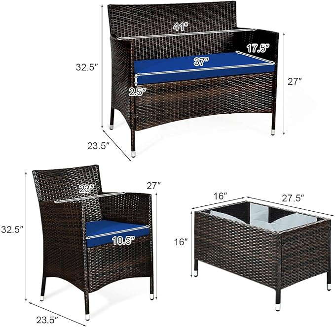 HAPPYGRILL 4 Pieces Patio Sofa Set Rattan Wicker Furniture Patio Conversation Set with Cushioned Sofa and Coffee Table for Outdoor Backyard Garden Poolside