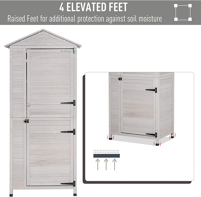 Outsunny 36" x 25" x 79" Wooden Storage Shed Cabinet, Outdoor Tool Shed Organizer with 4-Tier, 3 Shelves with Handle Tin Roof Magnetic Latch Foot Pad, Light Grey