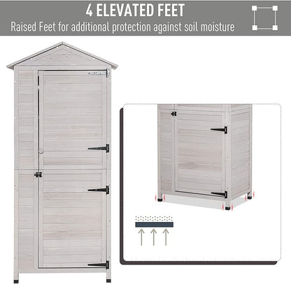Outsunny 36" x 25" x 79" Wooden Storage Shed Cabinet, Outdoor Tool Shed Organizer with 4-Tier, 3 Shelves with Handle Tin Roof Magnetic Latch Foot Pad, Light Grey