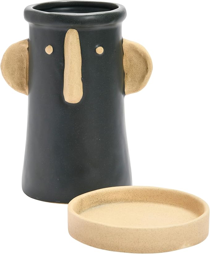 Creative Co-Op Stoneware Face Planter with Saucer, Set of 2, Matte Black and Cream, 9"