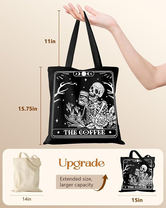 Miss Adola Canvas Tote Bag for Women – Aesthetic Canvas Bag with Zipper Cute Stylish Reusable Shoulder Totes for Shopping Work Daily Vacation, Coffee Skull