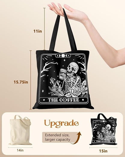 Miss Adola Canvas Tote Bag for Women – Aesthetic Canvas Bag with Zipper Cute Stylish Reusable Shoulder Totes for Shopping Work Daily Vacation, Coffee Skull