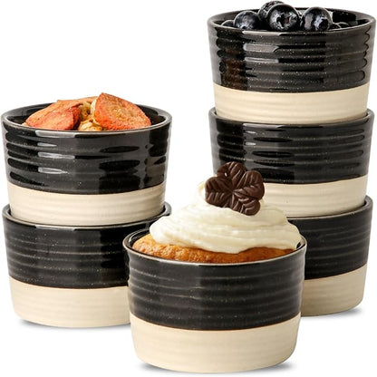 Hasense Ceramic Ramekins Set of 6, 8 Oz Oven Safe Mini Bowls, Black & Beige Farmhouse Ramekins for Creme Brulee, Souffle, Lava Cake & Dipping Sauces, Kitchen Decor