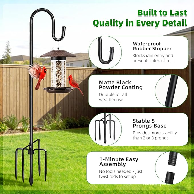 94" Heavy Duty Shepherds Hooks for Outdoor, Bird Feeder Pole with 5 Prong Base, Adjustable Height Shepherds Hook for Hummingbird Feeder, Bird Feeder, Plant, Wind Chimes,Lanterns,Wedding Decor (1 Pack)