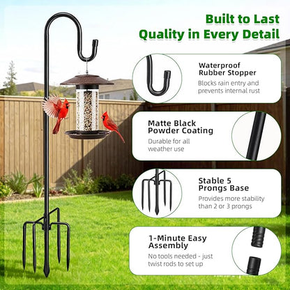 COCONUT 78" Heavy Duty Shepherds Hooks for Outdoor, Bird Feeder Pole with 5 Prong Base, Adjustable Height Shepherds Hook for Hummingbird Feeder, Bird Feeder, Plant, Wind Chimes, Lanterns (1 Pack)