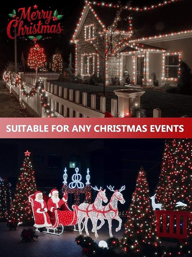 4 Pack Red and White Solar Christmas Lights Outdoor Waterproof, 132FT 400LED Solar String Lights Green Wire Fairy Lights, Solar Twinkle Lights with 8 Lighting Modes for Xmas Garden Decorations