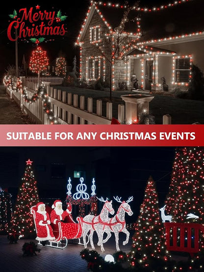 4 Pack Red and White Solar Christmas Lights Outdoor Waterproof, 132FT 400LED Solar String Lights Green Wire Fairy Lights, Solar Twinkle Lights with 8 Lighting Modes for Xmas Garden Decorations