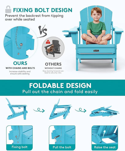 SERWALL Folding Adirondack Chair Weather Resistant Patio Chair with Cup Holder Outdoor Chairs Set of 6 Painted Adirondack Chairs - Light Blue