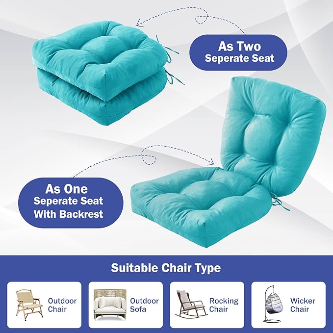 IPYNBAP Outdoor Chair Cushions Set of 2, Patio Chair Cushions with Ties, 19x19+5” Tufted Outdoor Seat Cushions, Waterproof Patio Furniture Cushions, Outdoor Dining Chair Pads, Teal