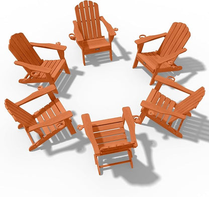 Adirondack Chairs Set of 6, Fire Pit Chairs, Wood Texture Patio Chairs with 2 Cup Holder, Outdoor Lawn Chair, Orange