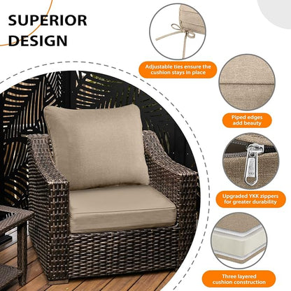 Sundale Outdoor Olefin Deep Seat Cushion Set of 2, Patio Chair Cushion and Pillow, Water-Resistant Sectional Sofa Pad with Straps Khaki, 24 x 24 x 4 Inches