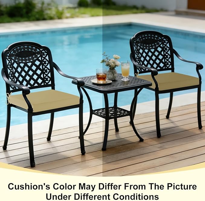 downluxe Waterproof Outdoor Chair Cushions for Patio Furniture, 22" x 22" x 3" Patio Chair Cushion with Adjustable Ties & Portable Handle, Square Outdoor Cushion with Removable Cover, Khaki, 2 Pack
