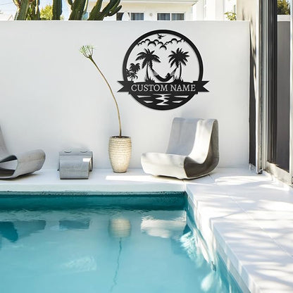Personalized Beach & Pool Metal Signs - Custom Last Name Decor, Outdoor Patio Wall Art for House Warming Gifts