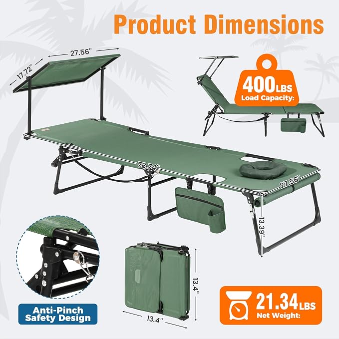 Tanning Chair with Face Hole & Canopy, 28'' Extra Wide, Green | Folding Chaise Lounge Chair with 4-Position Adjustable Backrest for Beach, Pool, Patio & Camping