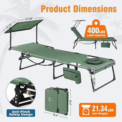 Tanning Chair with Face Hole & Canopy, 28'' Extra Wide, Green | Folding Chaise Lounge Chair with 4-Position Adjustable Backrest for Beach, Pool, Patio & Camping