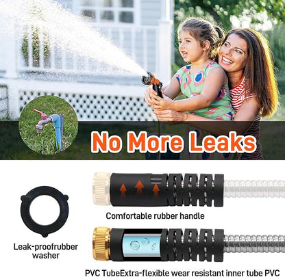 Besiter Garden Hose 50FT Stainless Steel Water Hose with 10 Functions Adjustable Spray Nozzle, Heavy-Duty Metal Garden Hose Flexible Durable No-Tangle & Kink Leak Dog Proof Hose for Yard Lawn(Orange)