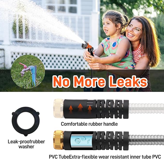 Besiter Garden Hose 75FT Stainless Steel Water Hose with 10 Functions Adjustable Spray Nozzle, Heavy-Duty Metal Garden Hose Flexible Durable No-Tangle & Kink Leak Dog Proof Hose for Yard Lawn(Orange)