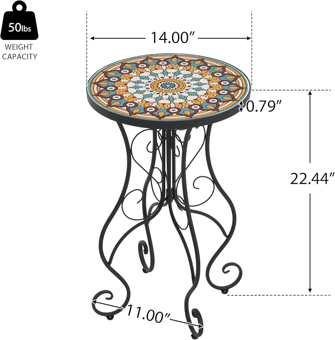 Merax Patio Side Table for Small Space, 22.45" Height Metal Outdoor Indoor Round Side Table, French Country Style, Floral Design Small End Table for Yard Porch Balcony Garden, Brown+Black