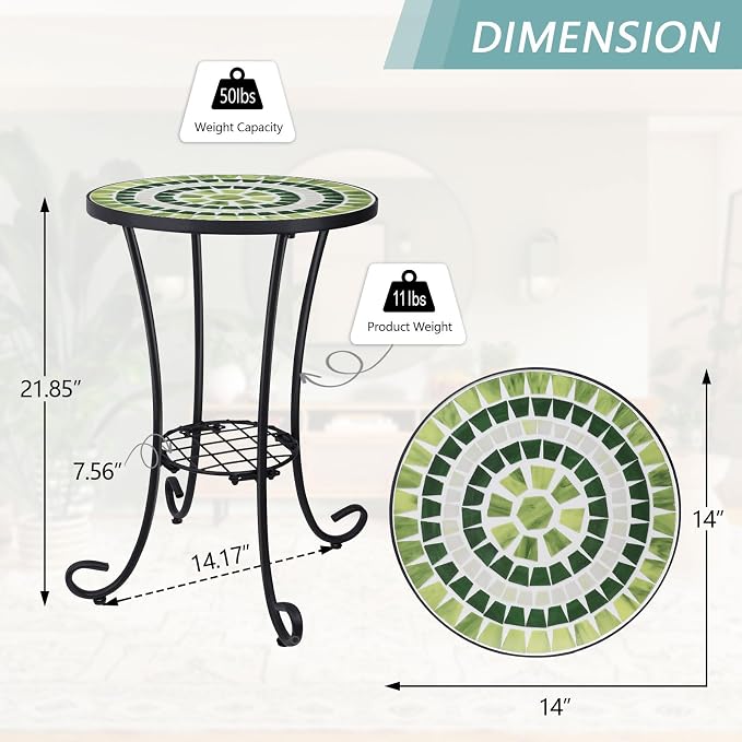 VCUTEKA Outdoor Side Table Mosaic Patio Table Accent Tables Mosaic Tile Top Metal Frame Small End Tables Porch Beach Patio Garden Balcony Grass Green