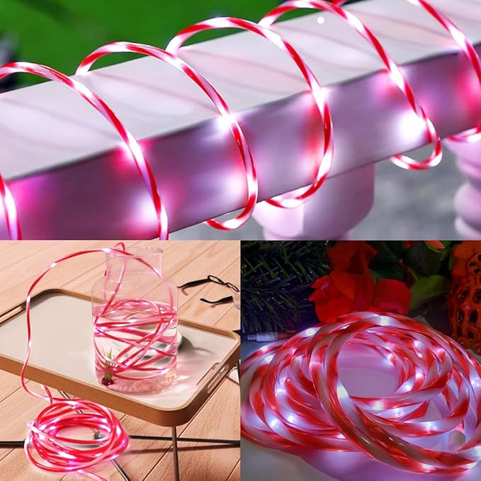 YEGUO Solar Christmas Candy Cane Rope Lights, 2 Packs Each 33ft 100 LED Red & White Solar Rope Light Outdoor Waterproof Decorations String Tube Lights