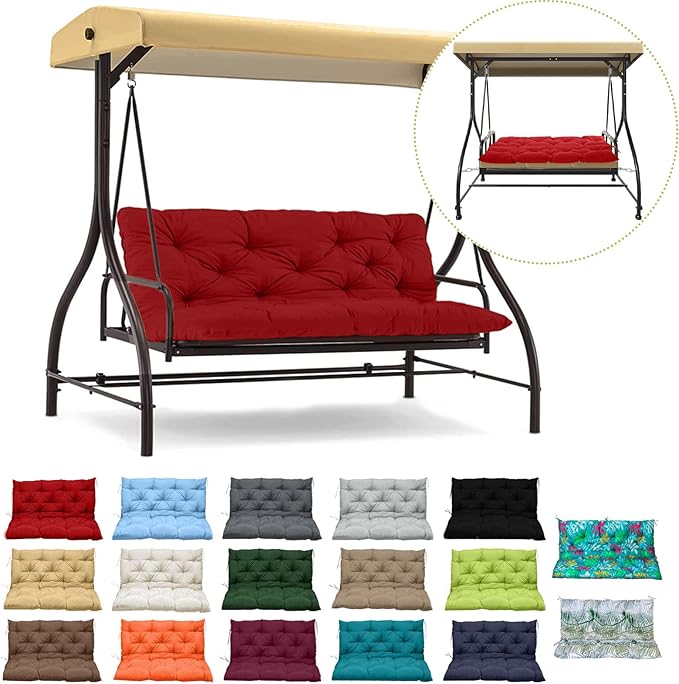 Replacement Cushion for Swings, Waterproof Porch Swing Cushion, 2-3 Seat Replacement Swing Seat Cushion with Backrest and Ties for Patio Backyard Porch Garden(Red 40 * 60 in)