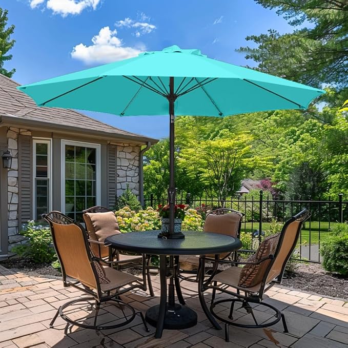 PatioKingdom 9FT Patio Outdoor Umbrella-UPF 50+ Sun Shade with Wind Vent, Push-Button Tilt & Smooth Crank Lift, Rust-Resistant Fiberglass Frame for Garden, Backyard,Yard (Peacock Blue, 9FT)