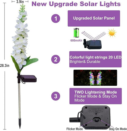 Solar Garden Lights, Delphinium Flowers 2 Pack 40 LEDs, Waterproof Outdoor Lights Two Lighting Modes for Wedding Party Garden Yard Patio Lawn Decor and Gift for Mother