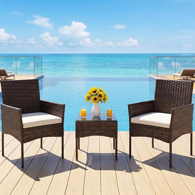 DUMOS 3 Piece Patio Furniture Set, All-Weather Outdoor Wicker Chairs with Removable Cushions & Tempered Glass Table, Small Bistro Set for Porch, Balcony, Lawn, Backyard Brown
