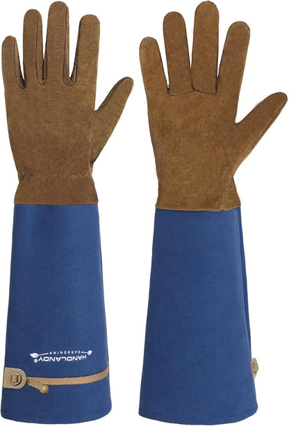 HANDLANDY Long Gardening Gloves for Men & Women, Pigskin Leather Rose Pruning Gloves, Breathable Thorn Proof Gauntlet Glove (Blue, S)