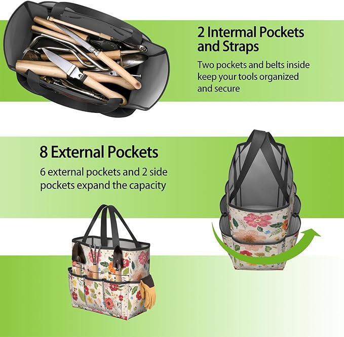 Boho Garden Tool Bag - Waterproof Floral Garden Tote with 8 Pockets, Large Storage Home Organizer Gardening Tool Oxford Bag for Garden Tools Kits Holder, Ideal Outdoor Gardening Gift for Women & Men